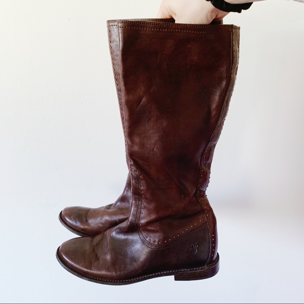 Frye Brown Leather Studded Below the Knee Boots